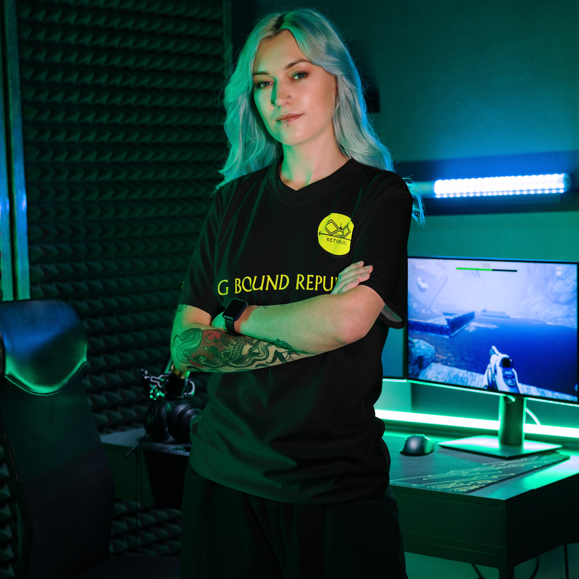 G Bound Republic Yellow & Black Recycled unisex sports jersey - Image 2