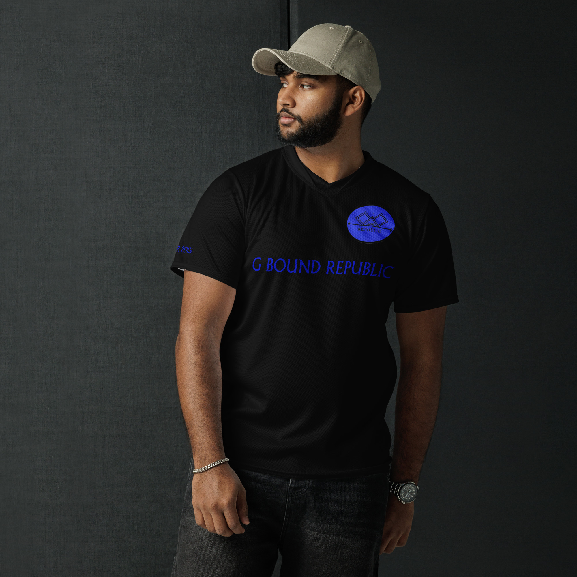 G Bound Republic Blue & Black Recycled unisex sports jersey - Image 6