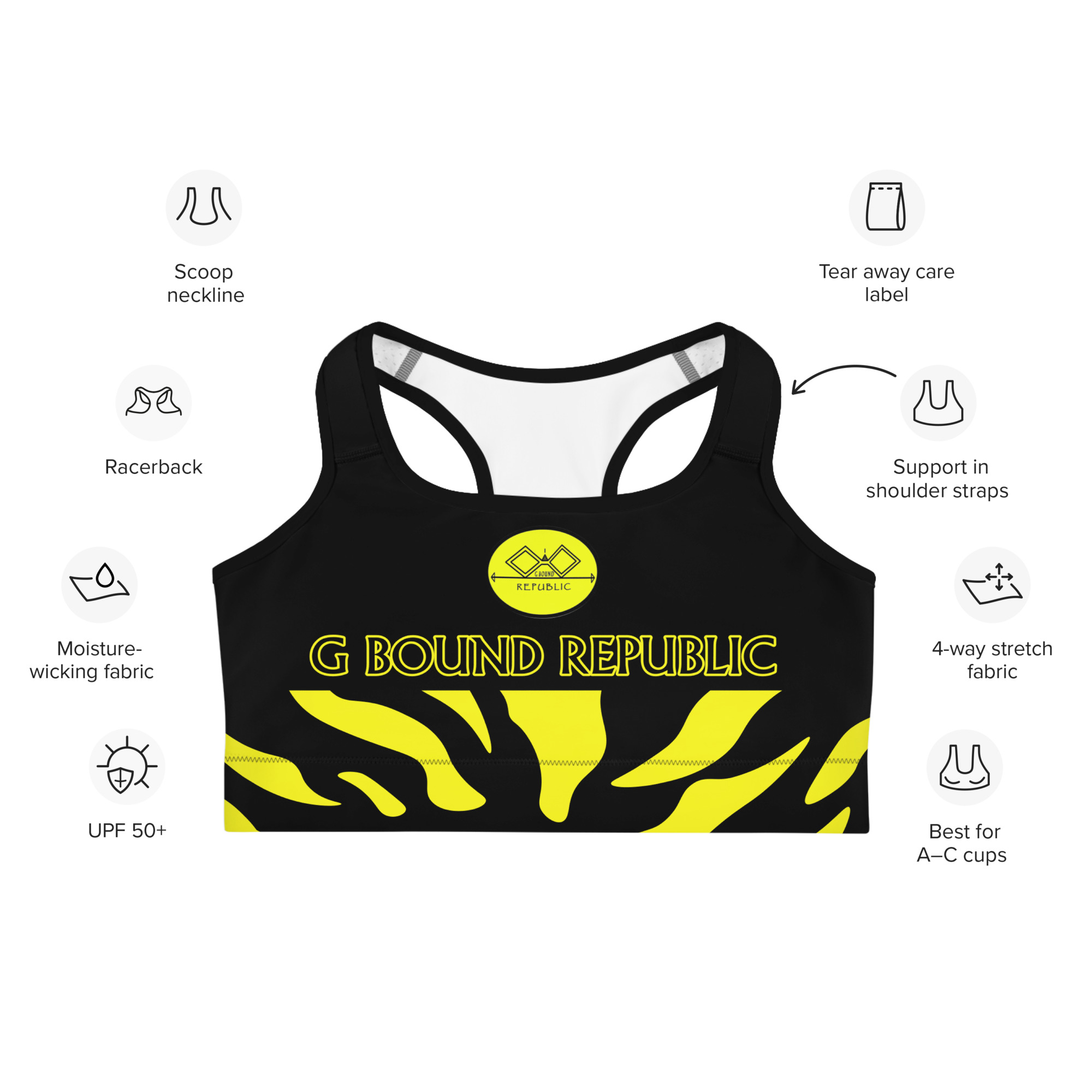 G Bound Republic Yellow & Black Sports Bra - Image 9