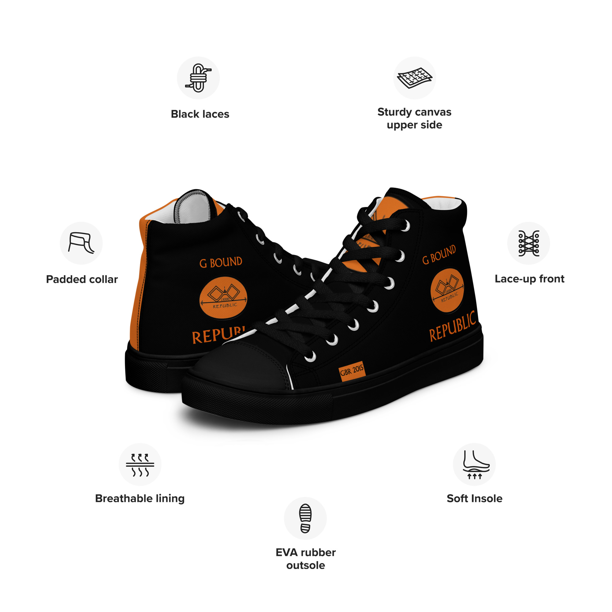 G Bound Republic Orange & Black Men’s High Top Canvas Shoes - Image 4
