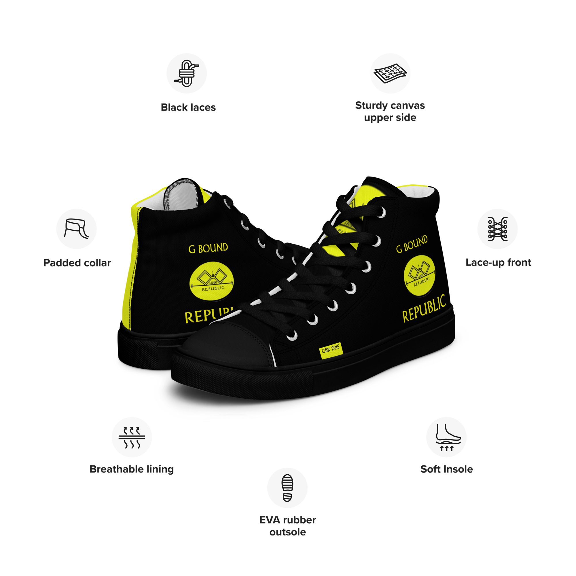 G Bound Republic Yellow & Black Men’s High Top Canvas Shoes - Image 8