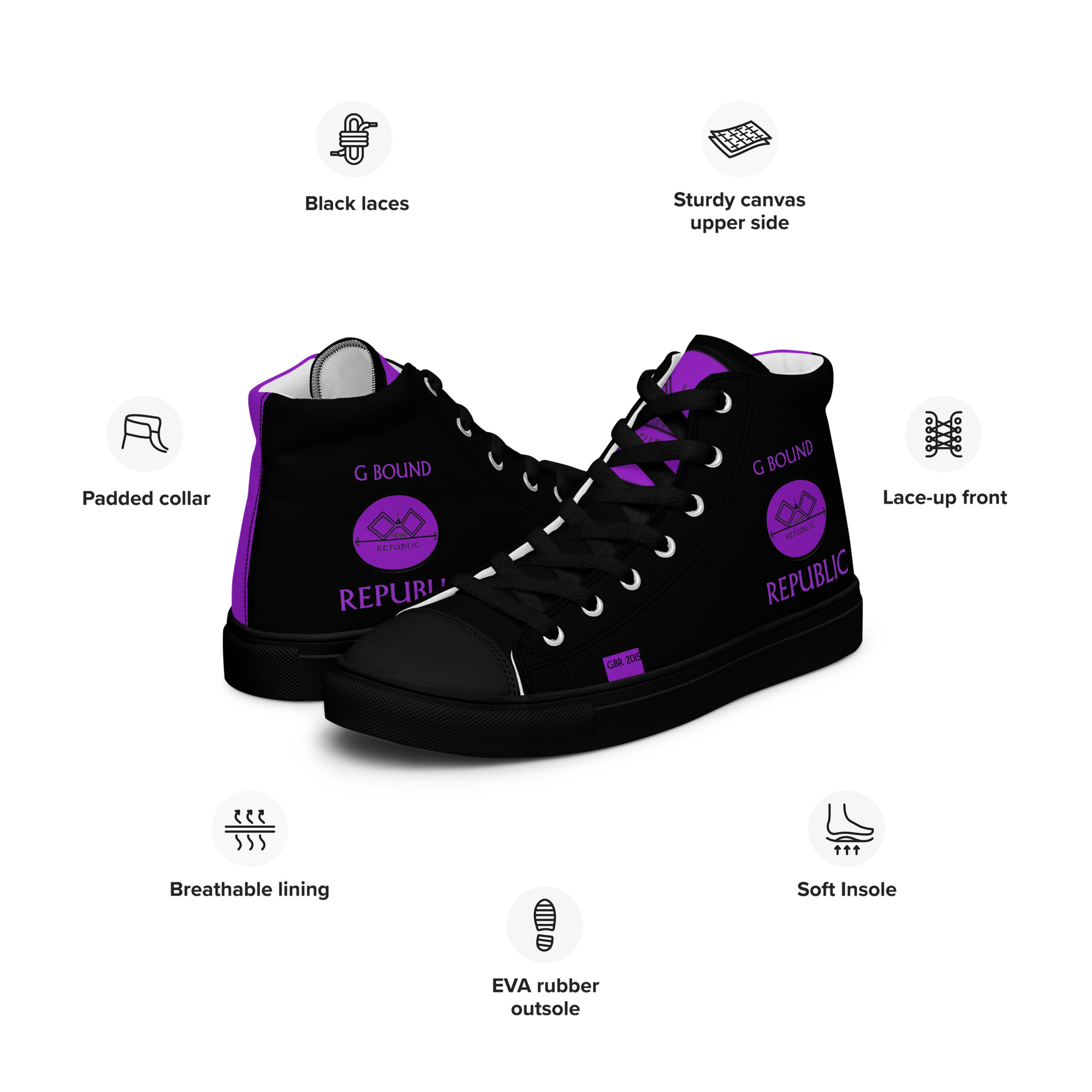 G Bound Republic Purple & Black Men’s High Top Canvas Shoes - Image 8