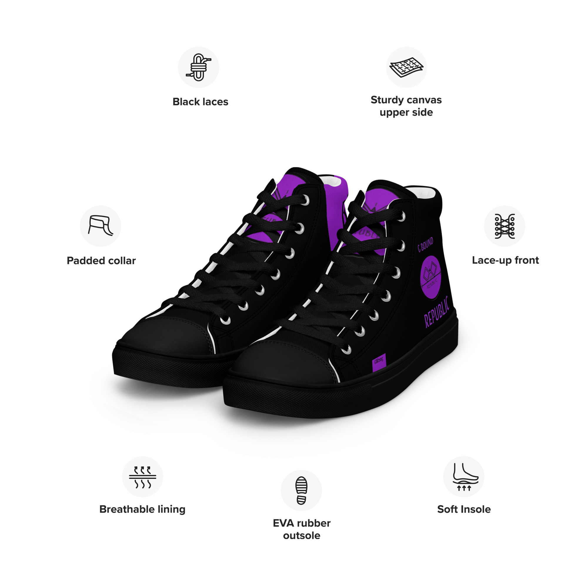 G Bound Republic Purple & Black Women’s High Top Canvas Shoes - Image 7